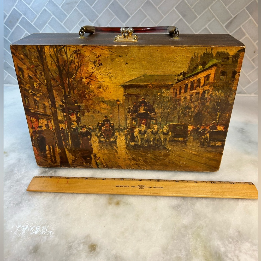 Vintage Decoupage Wood Purse - Signed